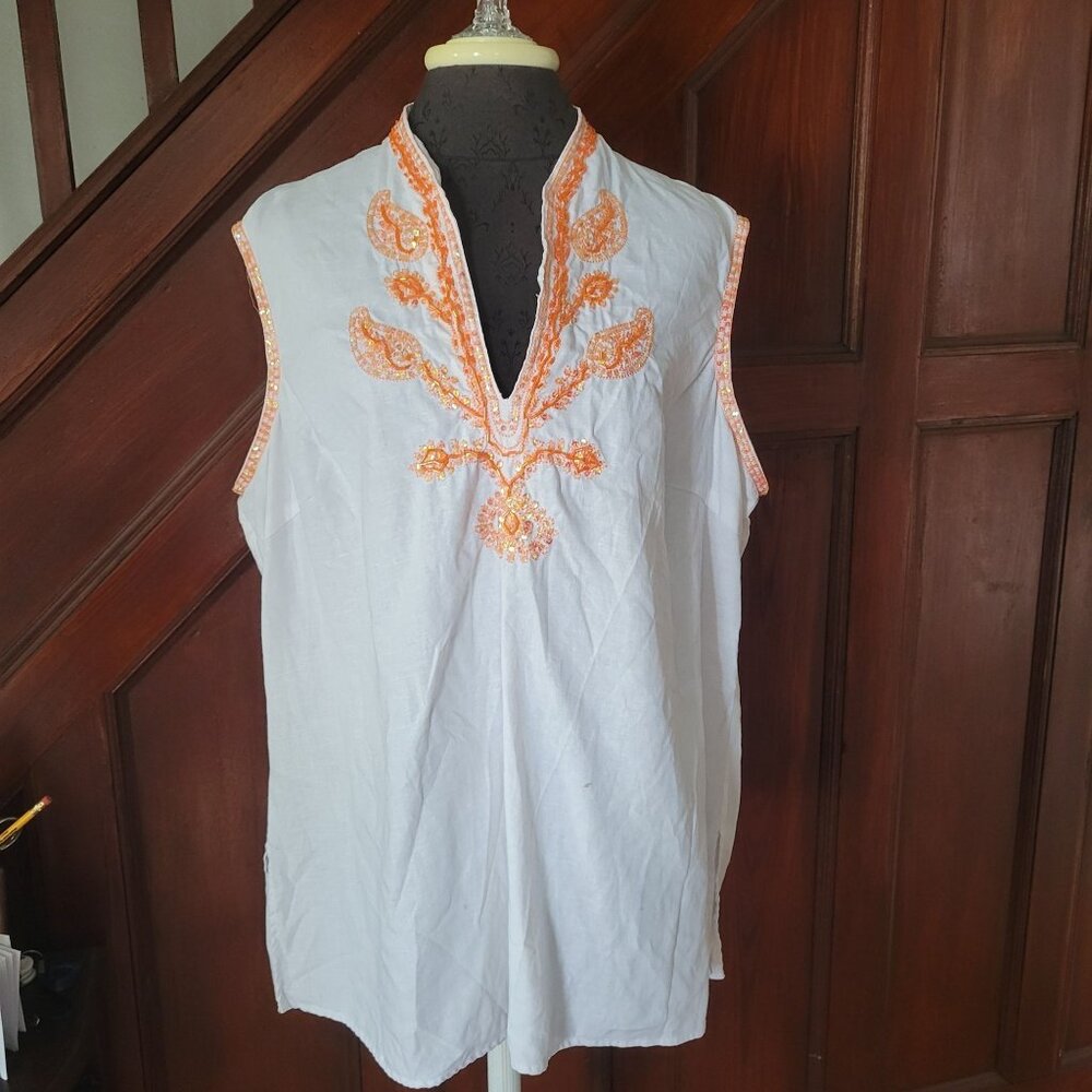 Anne Carson Womens 2X White Linen Embroidered Sleeveless Tunic Blouse With Orang
